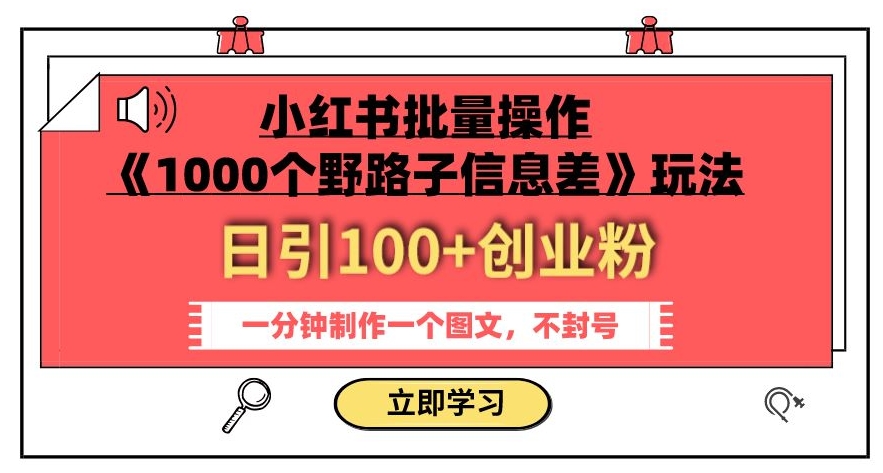 小红书批量操作《1000个野路子信息差》玩法,一分钟制作一个图文,不封号,日引100+创业粉-第一资源库