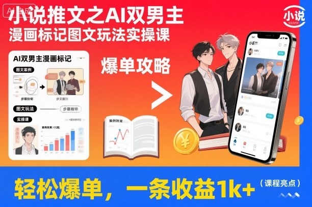 小说推文之AI双男主漫画标记图文玩法实操课，轻松爆单，一条收益1k+-第一资源库