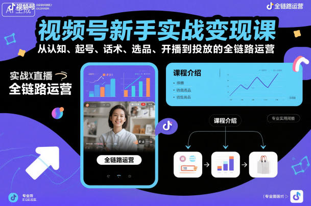 视频号新手实战变现课,从认知、起号、话术、选品、开播到投放的全链路运营