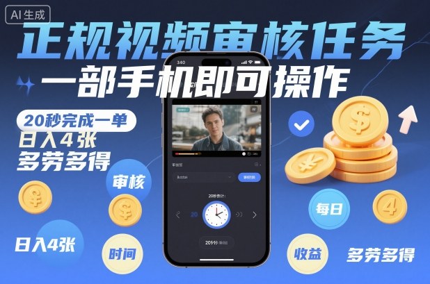 正规视频审核任务，一部手机即可操作，20秒完成一单，日入4张，多劳多得【揭秘】-第一资源库