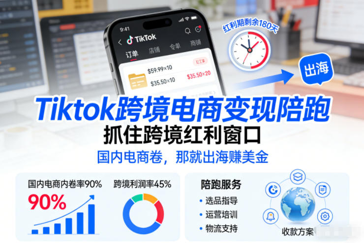 Tiktok跨境电商变现陪跑，抓住跨境红利窗口，国内电商卷，那就出海賺美金-第一资源库