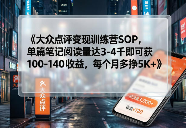 大众点评变现训练营SOP，单篇笔记阅读量达3-4千即可获100-140收益，每个月多挣5K+-阿俊淘金