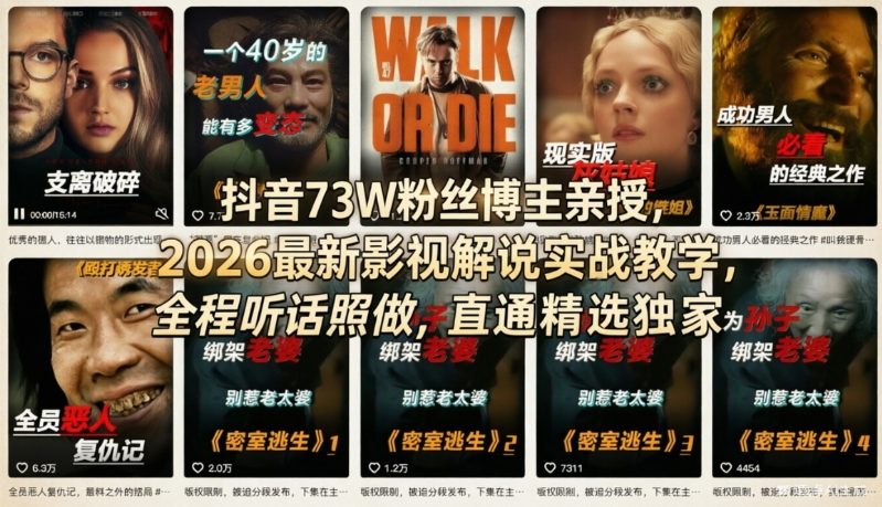 抖音73W粉丝博主亲授，2026最新影视解说实战教学，全程听话照做，直通精选独家-阿俊淘金