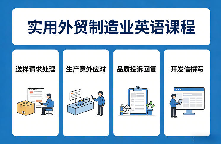 实用外贸制造业英语课程,教你专业处理送样请求、应对生产意外、回复品质投诉、撰写开发信等