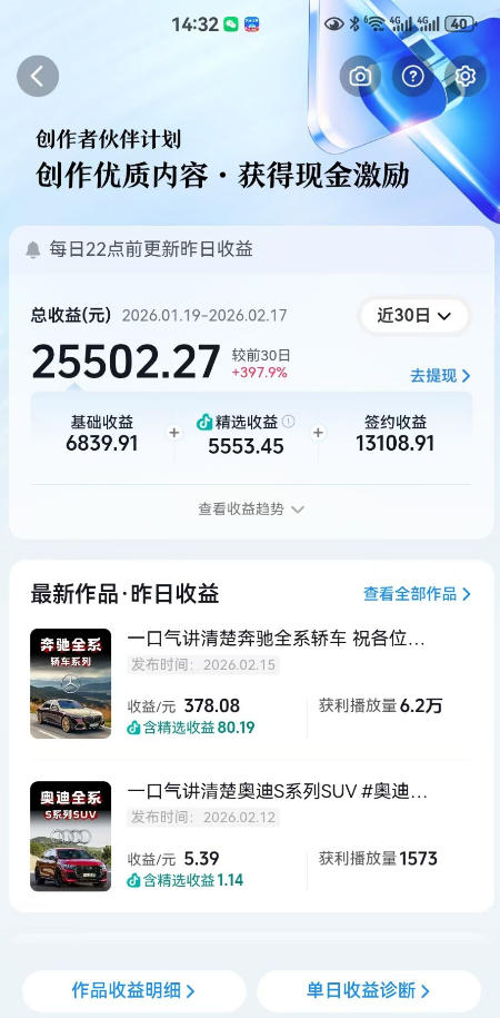 抖音某大佬汽车科普解说教学，流量嘎嘎猛，撸创作伙伴计划精选独家收益，日入5张+-阿俊淘金