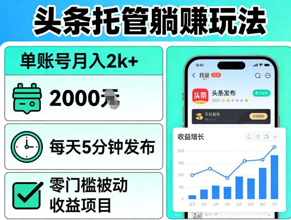 头条托管躺賺玩法，单账号月入2k+，每天5分钟发布即可，零门槛被动收益项目【揭秘】-阿俊淘金