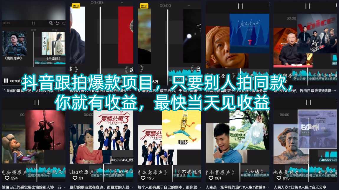 抖音跟拍爆款项目，只要别人拍同款，你就有收益，最快当天见收益-阿俊淘金