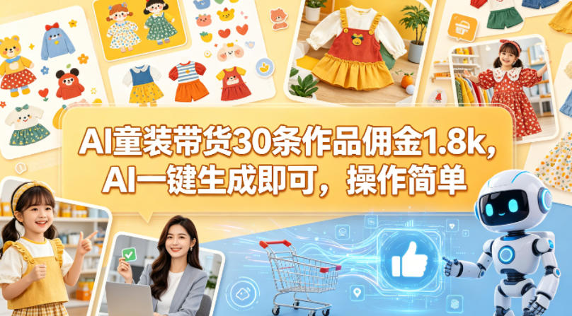 AI童装带货30条作品佣金1.8k，AI一键生成即可，操作简单-阿俊淘金