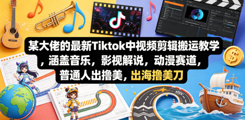 某大佬的最新Tiktok中视频剪辑搬运教学，涵盖音乐，影视解说，动漫赛道，普通人出海撸美刀-阿俊淘金