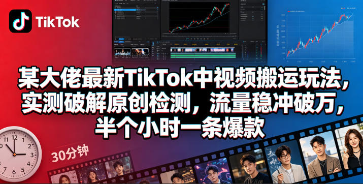 某大佬最新TikTok中视频搬运玩法，实测破解原创检测，流量稳冲破万，半个小时一条爆款-阿俊淘金