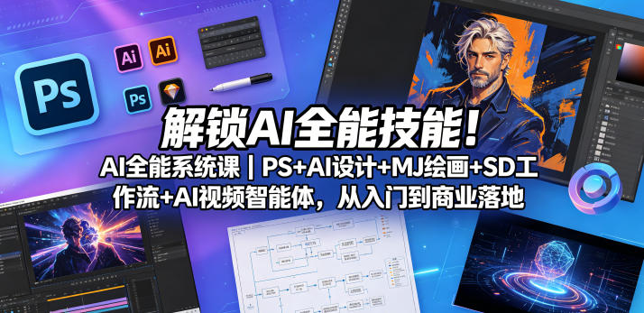 解锁AI全能技能！AI全能系统课｜PS+AI设计+MJ绘画+SD工作流+AI视频智能体，从入门到商业落地-阿俊淘金