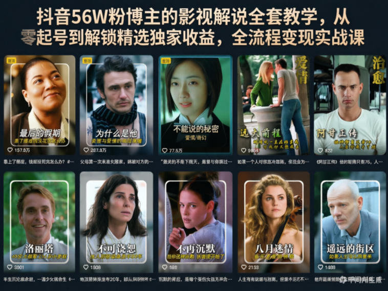 抖音56W粉博主的影视解说全套教学，从零起号到解锁精选独家收益，全流程变现实战课-阿俊淘金