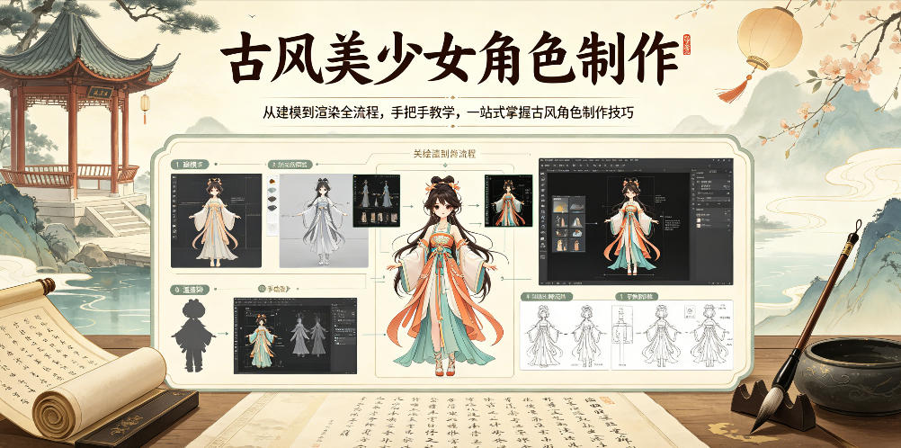 古风美少女角色制作，从建模到渲染全流程，手把手教学，一站式掌握古风角色制作技巧-阿俊淘金