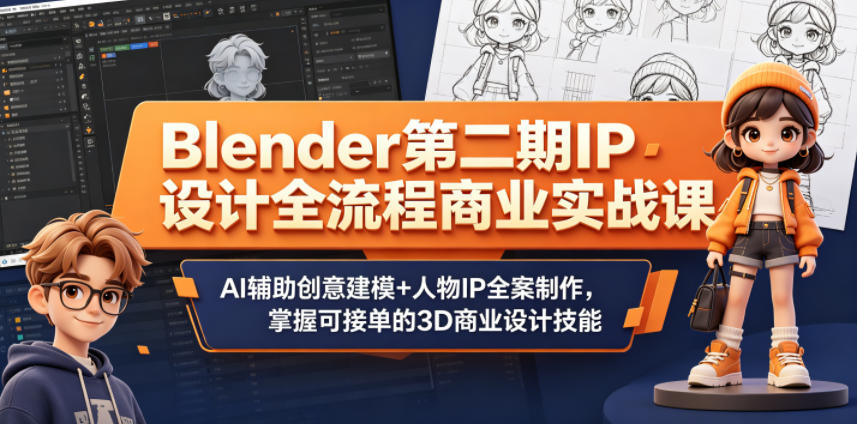 Blender第二期IP设计全流程商业实战课，AI辅助创意建模+人物IP全案制作，掌握可接单的3D商业设计技能-阿俊淘金