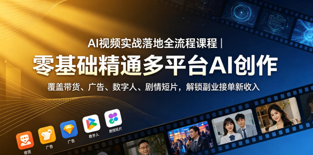 AI视频实战落地全流程课程｜零基础精通多平台AI创作，覆盖带货、广告、数字人、剧情短片，解锁副业接单新收入-阿俊淘金