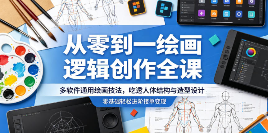 从零到一绘画逻辑创作全课，多软件通用绘画技法，吃透人体结构与造型设计，零基础轻松进阶接单变现-阿俊淘金