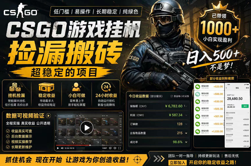 CSGO游戏搬砖，全自动挂G，不需要玩游戏，手机操作日入300+，解放双手【揭秘】-阿俊淘金