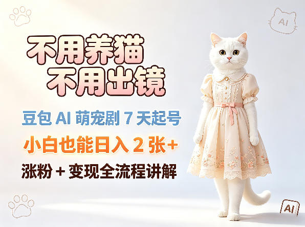 不用养猫不用出镜，豆包AI萌宠剧7天起号，小白也能日入2张+，涨粉+变现全流程讲解-阿俊淘金