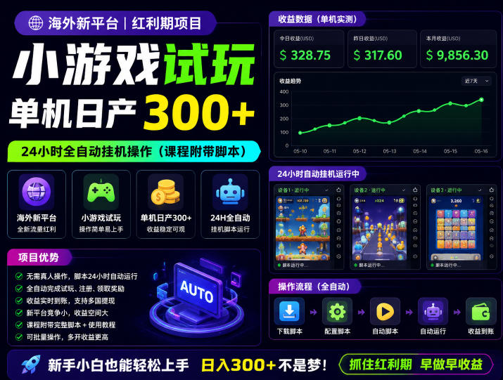 海外新平台，小游戏试玩，单机日产300+，24小时全自动挂G操作（课程附带脚本）【揭秘】-阿俊淘金
