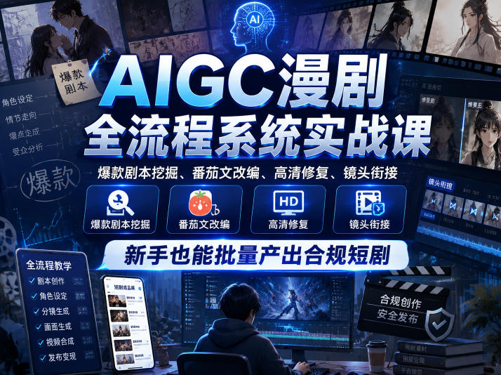AIGC漫剧全流程系统实战课，爆款剧本挖掘、番茄文改编、高清修复、镜头衔接，新手也能批量产出合规短剧-阿俊淘金