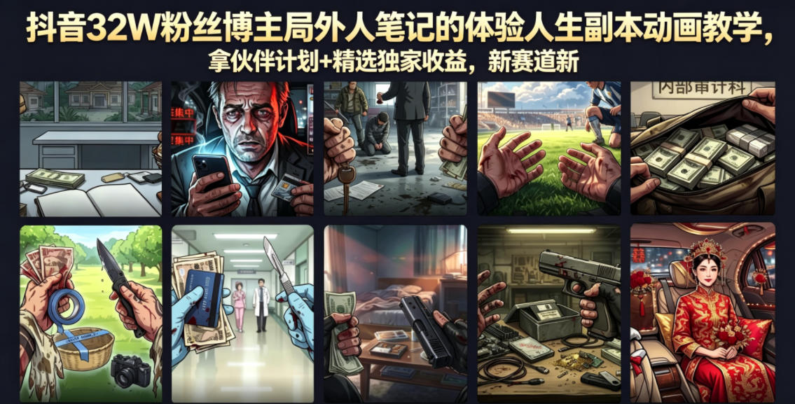 抖音32W粉丝博主局外人笔记的体验人生副本动画教学，拿伙伴计划+精选独家收益，新赛道新涨粉快【录制版】-阿俊淘金