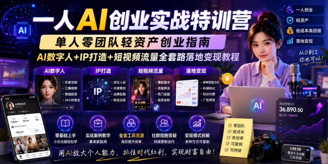 一人AI创业实战特训营，单人零团队轻资产创业指南，AI数字人+IP打造+短视频流量全套路落地变现教程-阿俊淘金