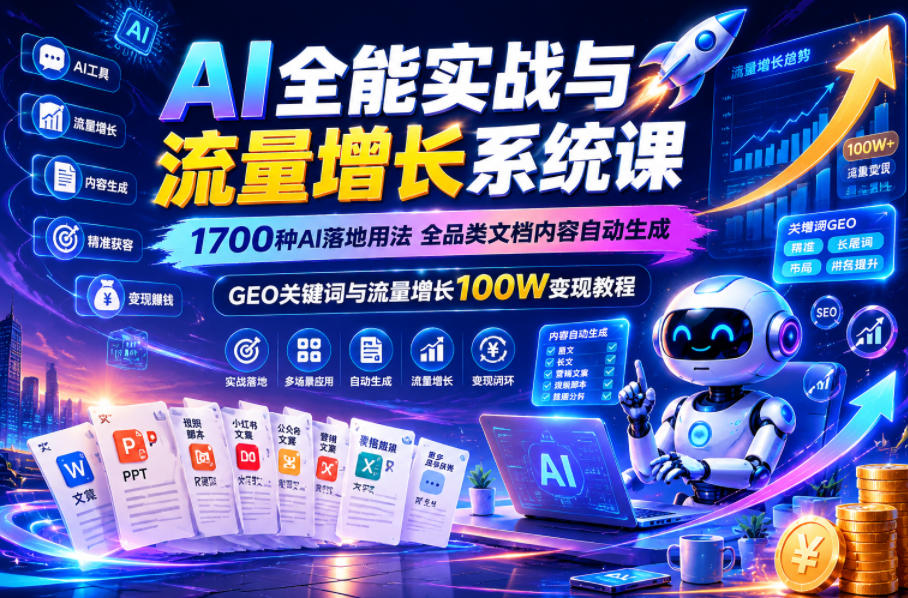 AI全能实战与流量增长系统课，1700种AI落地用法，全品类文档内容自动生成，GEO关键词与流量增长100W变现教程-阿俊淘金