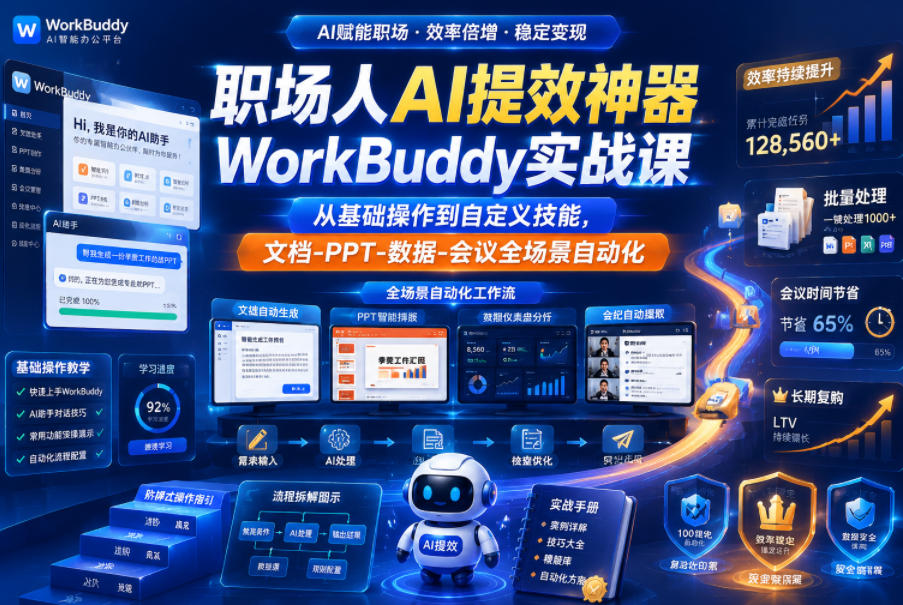 职场人AI提效神器WorkBuddy实战课，从基础操作到自定义技能，文档-PPT-数据-会议全场景自动化-阿俊淘金