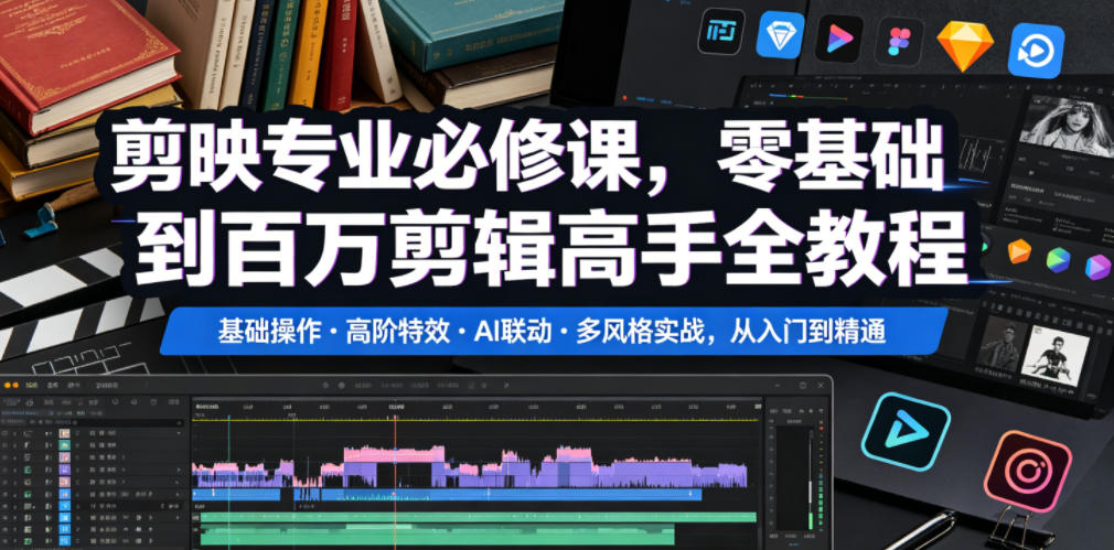 剪映专业必修课，零基础到百万剪辑高手全教程，基础操作・高阶特效・AI联动・多风格实战，从入门到精通-阿俊淘金