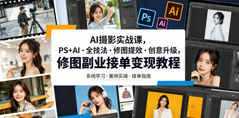 AI摄影实战课，PS+AI・全技法・修图提效・创意升级，修图副业接单变现教程-阿俊淘金