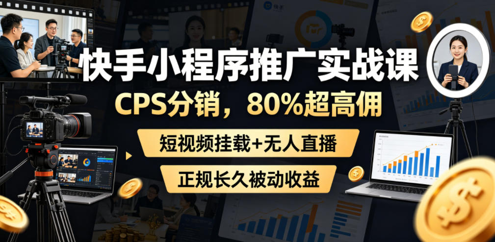 快手小程序推广实战课，CPS分销，80%超高佣，短视频挂载+无人直播，正规长久被动收益-阿俊淘金