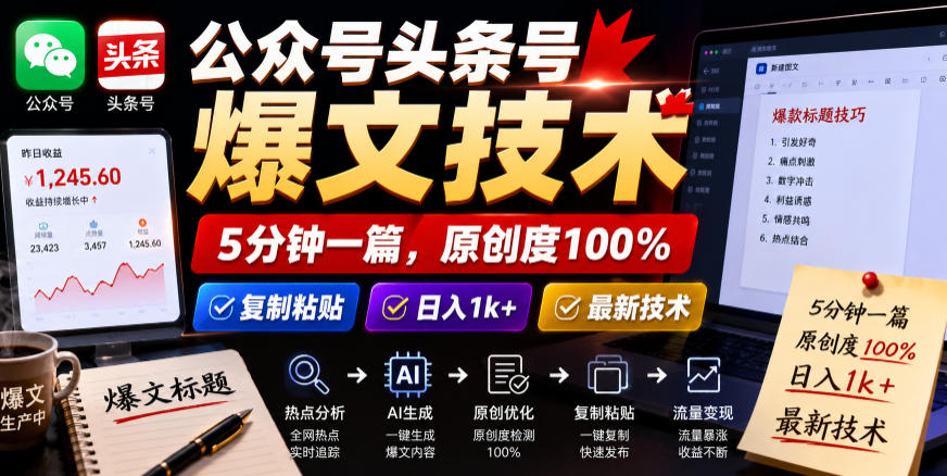 公众号头条号爆文技术，5分钟一篇，原创度100%，复制粘贴，日入1k+，最新技术【揭秘】-阿俊淘金