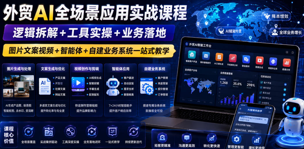 外贸AI全场景应用实战课程｜逻辑拆解+工具实操+业务落地，图片文案视频+智能体+自建业务系统一站式教学-阿俊淘金