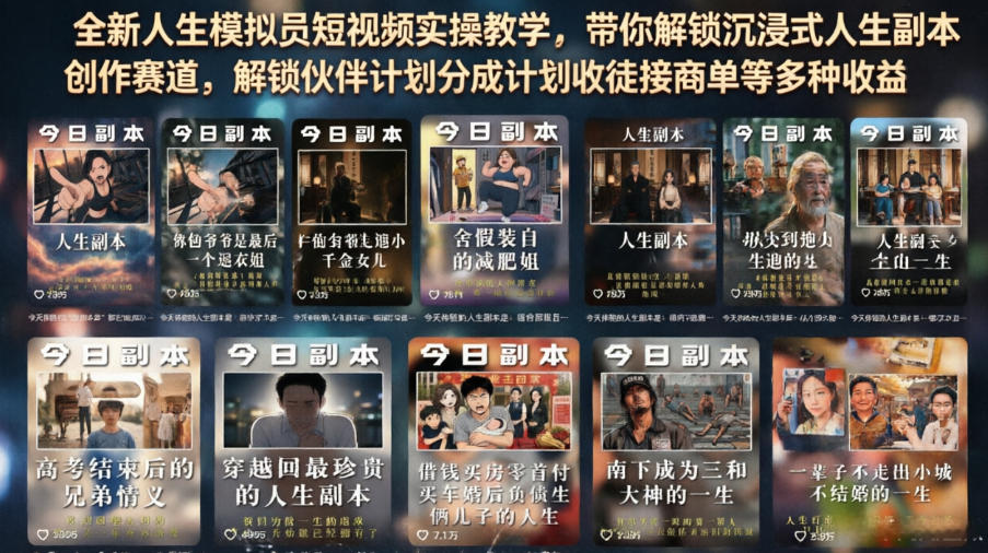 全新人生模拟员短视频实操教学，带你解锁沉浸式人生副本创作赛道，解锁伙伴计划分成计划收徒接商单等多种收益-阿俊淘金