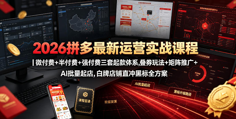 2026拼多多最新运营实战课程｜微付费+半付费+强付费三套起款体系，叠券玩法+矩阵推广+AI批量起店，白牌店铺直冲黑标全方案-阿俊淘金