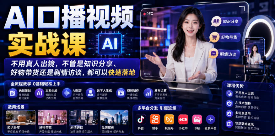 AI口播视频实战课，不用真人出镜，不管是知识分享、好物带货还是剧情访谈，都可以快速落地-阿俊淘金