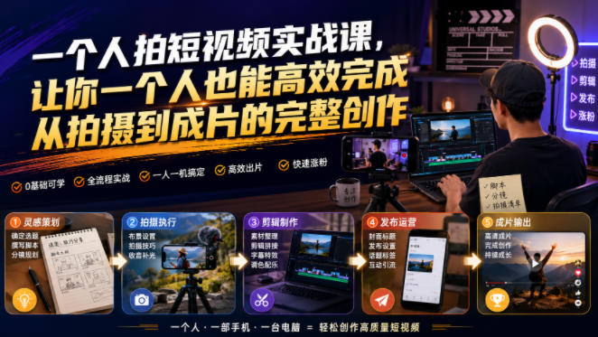 一个人拍短视频实战课，让你一个人也能高效完成从拍摄到成片的完整创作-阿俊淘金
