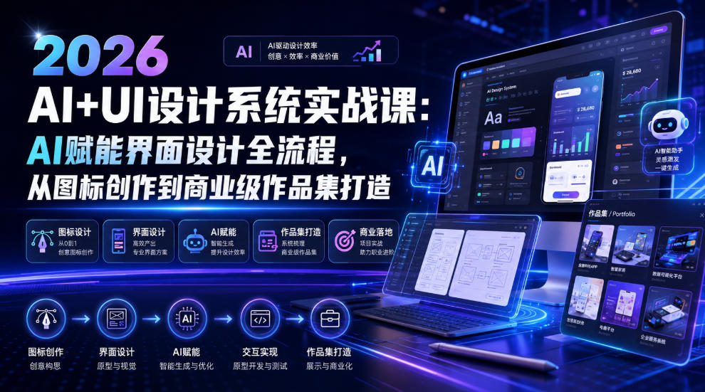 2026 AI+UI设计系统实战课：AI赋能界面设计全流程，从图标创作到商业级作品集打造-阿俊淘金