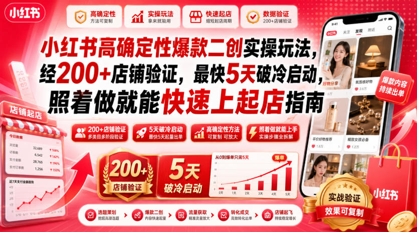 小红书高确定性爆款二创实操玩法，经200+店铺验证，最快5天破冷启动，照着做就能快速上起店指南-阿俊淘金