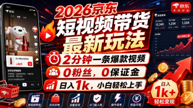 2026京东短视频带货最新玩法，2分钟一条爆款视频，0粉丝，0保证金，日入1k，小白轻松上手【揭秘】-阿俊淘金