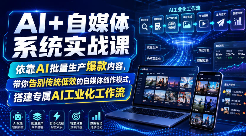 AI+自媒体系统实战课，依靠AI批量生产爆款内容，带你告别传统低效的自媒体创作模式，搭建专属AI工业化工作流-阿俊淘金