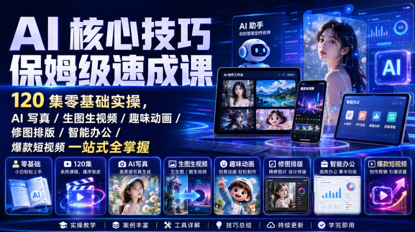 AI核心技巧保姆级速成课｜120集零基础实操，AI写真/生图生视频/趣味动画/修图排版/智能办公/爆款短视频一站式全掌握（更新）-阿俊淘金