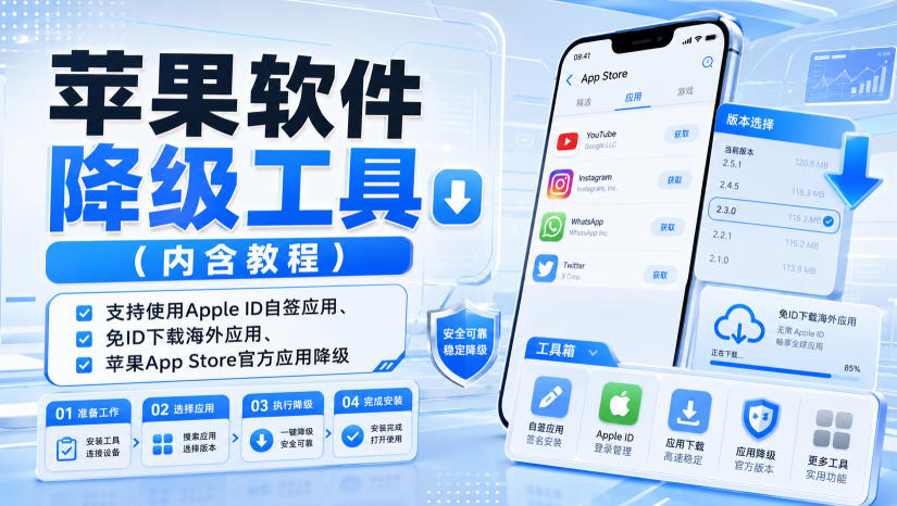 苹果软件降级工具（内含教程），支持使用Apple ID自签应用、免ID下载海外应用、苹果App Store官方应用降级等-阿俊淘金