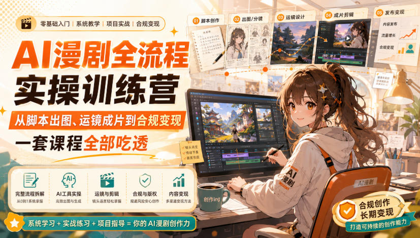 AI漫剧全流程实操训练营，从脚本出图、运镜成片到合规变现，一套课程全部吃透-阿俊淘金