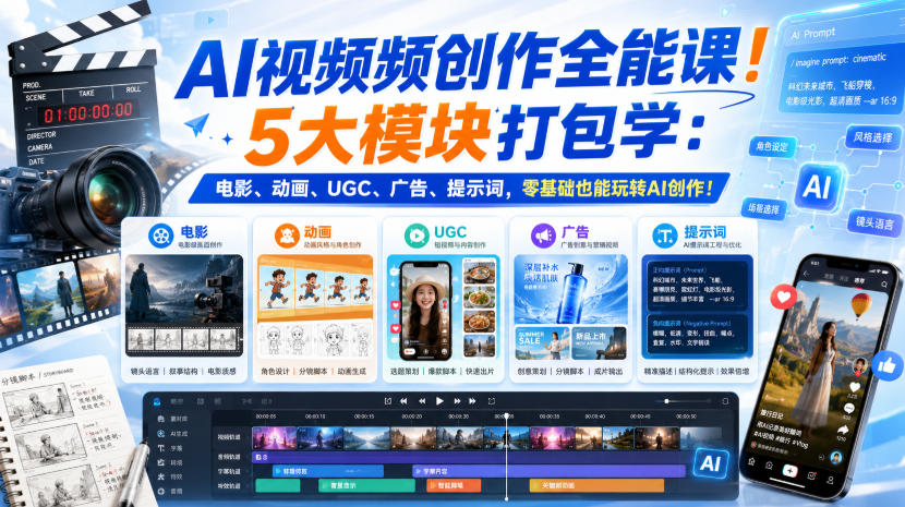 AI视频频创作全能课！5大模块打包学：电影、动画、UGC、广告、提示词，零基础也能玩转AI创作！【原创双语字幕】-阿俊淘金