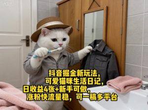 抖音掘金新玩法，可爱猫咪生活日记，日收益4张+新手可做，涨粉快流量稳，可一稿多平台-阿俊淘金