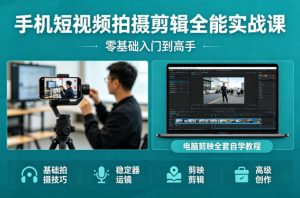 手机短视频拍摄剪辑全能实战课:零基础入门到高手,稳定器运镜+电脑剪映全套自学教程-阿俊淘金