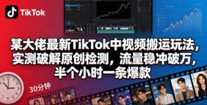 某大佬最新TikTok中视频搬运玩法,实测破解原创检测,流量稳冲破万,半个小时一条爆款-阿俊淘金