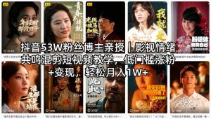 抖音53W粉丝博主亲授｜影视情绪共鸣混剪短视频教学，低门槛涨粉+变现，轻松月入1W+-阿俊淘金