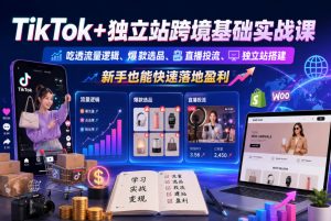 TikTok+独立站跨境基础实战课，吃透流量逻辑、爆款选品、直播投流与独立站搭建，新手也能快速落地盈利-阿俊淘金
